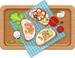 Top view of breakfast on a wooden tray vector