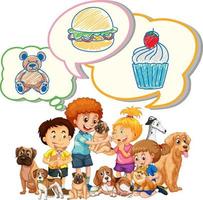 Many kids with pets having thought bubbles vector