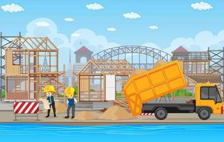 Building construction site and workers vector