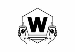 Hand holding a coffee cup line art with W initial letter vector