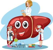 Healthy liver cartoon character with many doctors vector