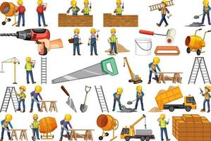 Set of construction site objects and workers vector