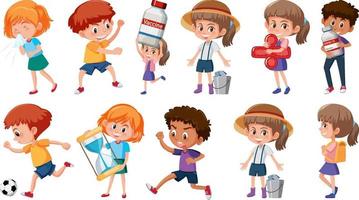 Set of children doing different activities on white background vector