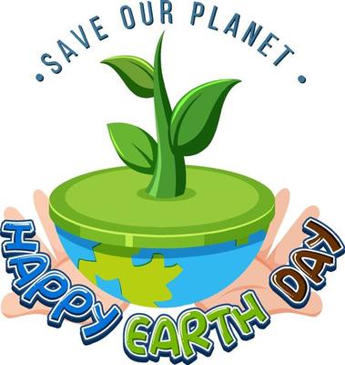 Happy Earth Day logo design with growing plant on earth