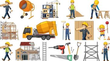 Set of construction site objects and workers vector