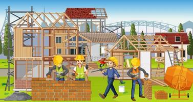 House construction site with workers cartoon vector