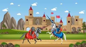 escena de batalla medieval en estilo de dibujos animados