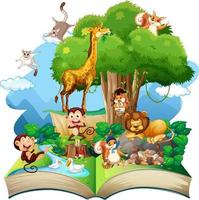 tema de bosque de libro abierto con animal sobre fondo blanco vector