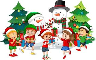 niños celebrando la navidad con muñeco de nieve y árbol de navidad vector