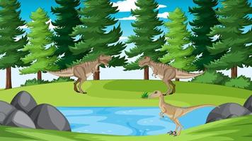 Nature scene with trees on mountains with dinosaur vector