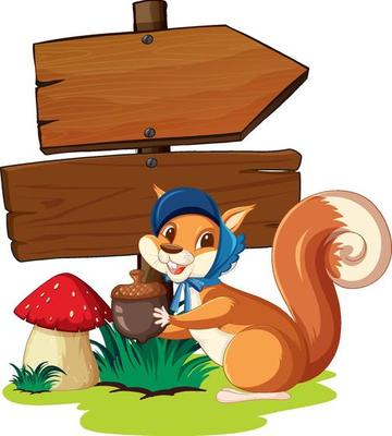 Wooden sign with cute squirrel