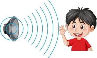 A boy hearing sound with speaker icon vector