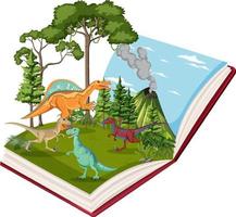 libro con escena de dinosaurios en el bosque vector