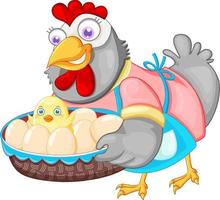 lindo personaje de dibujos animados de pollo sosteniendo una canasta de huevos y pollo vector