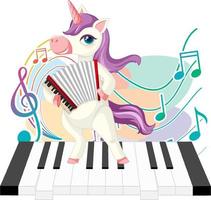 lindo unicornio morado tocando el acordeón con notas musicales en el piano vector