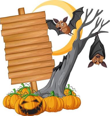 Blank wooden signboard with bat in halloween theme