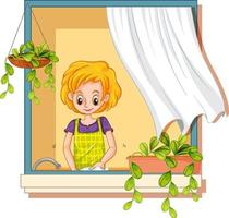 View through the window of a woman cooking vector