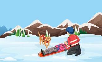 Snow scene with firerman rescue in cartoon style vector