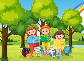 Children reading books in park background vector