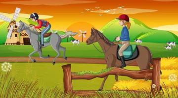 escena de equitación con jinete y caballo vector
