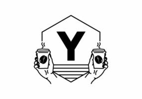 Hand holding a coffee cup line art with Y initial letter vector