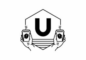 Hand holding a coffee cup line art with U initial letter vector
