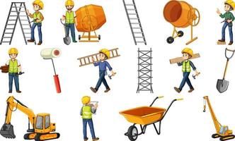 Set of construction site objects and workers vector