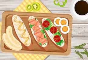 Top view of breakfast on wooden tray vector