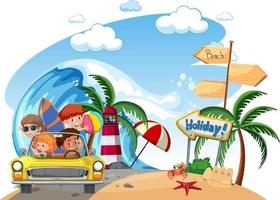 Vacation roadtrip on the beach with many children vector