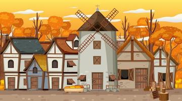 Medieval town scene with sunset vector