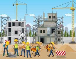 Building construction site with workers vector