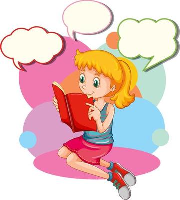 Girl reading book and many speech bubbles