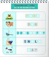 Fill the missing letter of each word worksheet for children vector