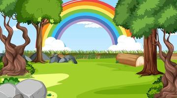 Nature forest scene with rainbow in the sky vector