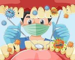 Dentist holding instruments examining patient teeth inside human mouth vector