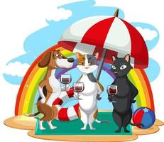 A cats and dog relax on beach vector