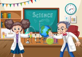 Classroom scene with scientist doing experiment vector