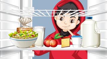 Boy looking at food in fridge vector