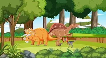 escena con dinosaurios en el bosque vector