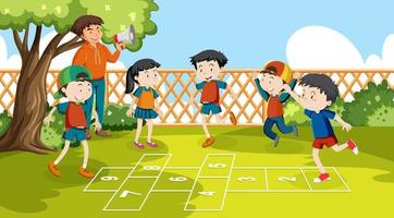 Children playing hopscotch game at the park vector