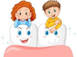 niños felices abrazando dientes grandes sobre fondo blanco vector
