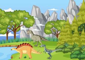 escena con dinosaurios en el bosque vector