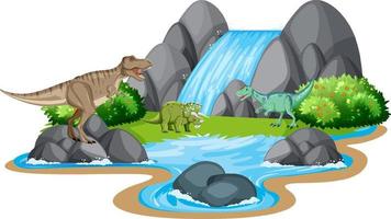 escena con dinosaurios junto a la cascada vector