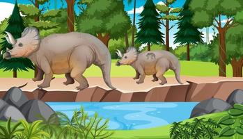 Nature scene with pond, trees and dinosaur vector