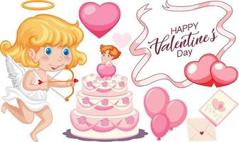 tema de san valentín con cupido y gran pastel vector