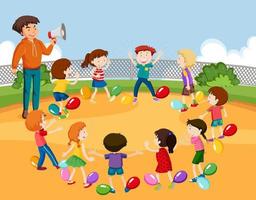 niños haciendo actividad física con globos vector