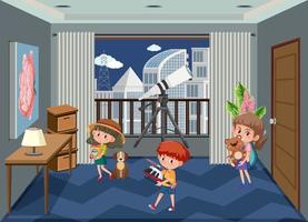 Children holding their toys in the room scene vector