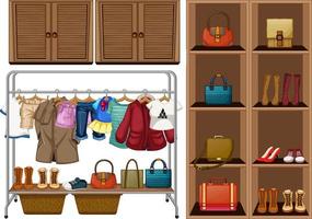 Many clothes and bags in closet vector