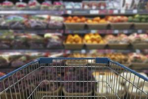 Supermarket aisle with empty shopping cart, Supermarket store abstract blurred background with shopping cart photo