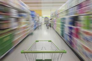 Supermarket aisle with empty shopping cart, Supermarket store abstract blurred background with shopping cart photo